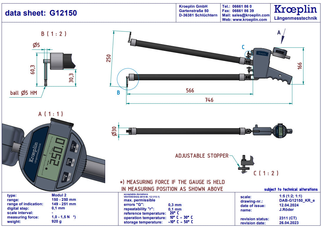 Kroeplin Digital Internal Caliper Gauge 150-250mm, 0.1mm, G12150 Depth 566mm