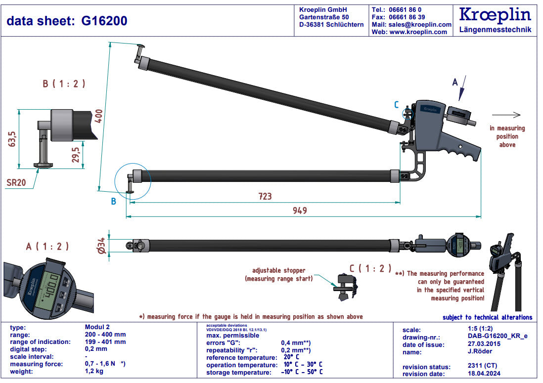 Kroeplin Digital Internal Caliper Gauge 200-400mm, 0.01mm, G16200,  Depth 746mm