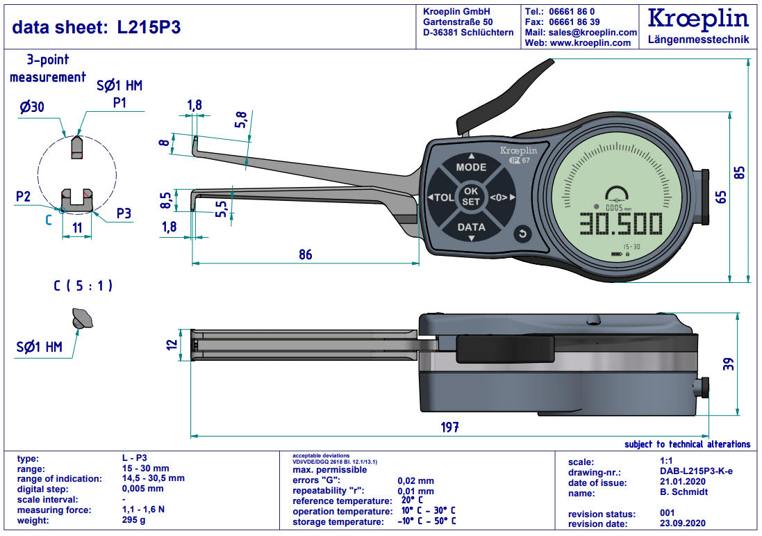 Kroeplin Digital Internal 3-Point Caliper Gauge 15-30mm, 0.001mm, L215P3