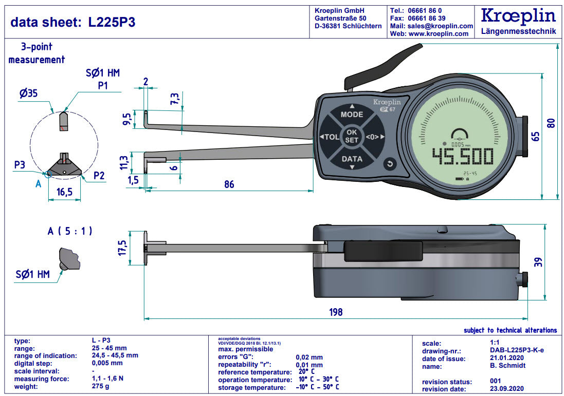 Kroeplin Digital Internal 3-Point Caliper Gauge 25-45mm, 0.001mm, L225P3