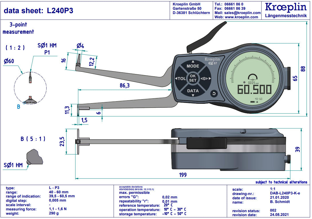 Kroeplin Digital Internal 3-Point Caliper Gauge 40-60mm, 0.001mm, L240P3