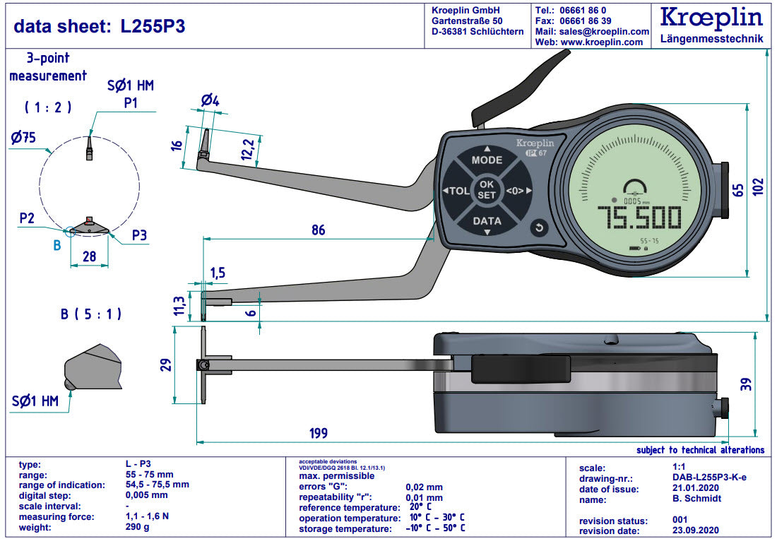 Kroeplin Digital Internal 3-Point Caliper Gauge 55-75mm/2.17-2.95", 0.001mm/.00005", L255P3