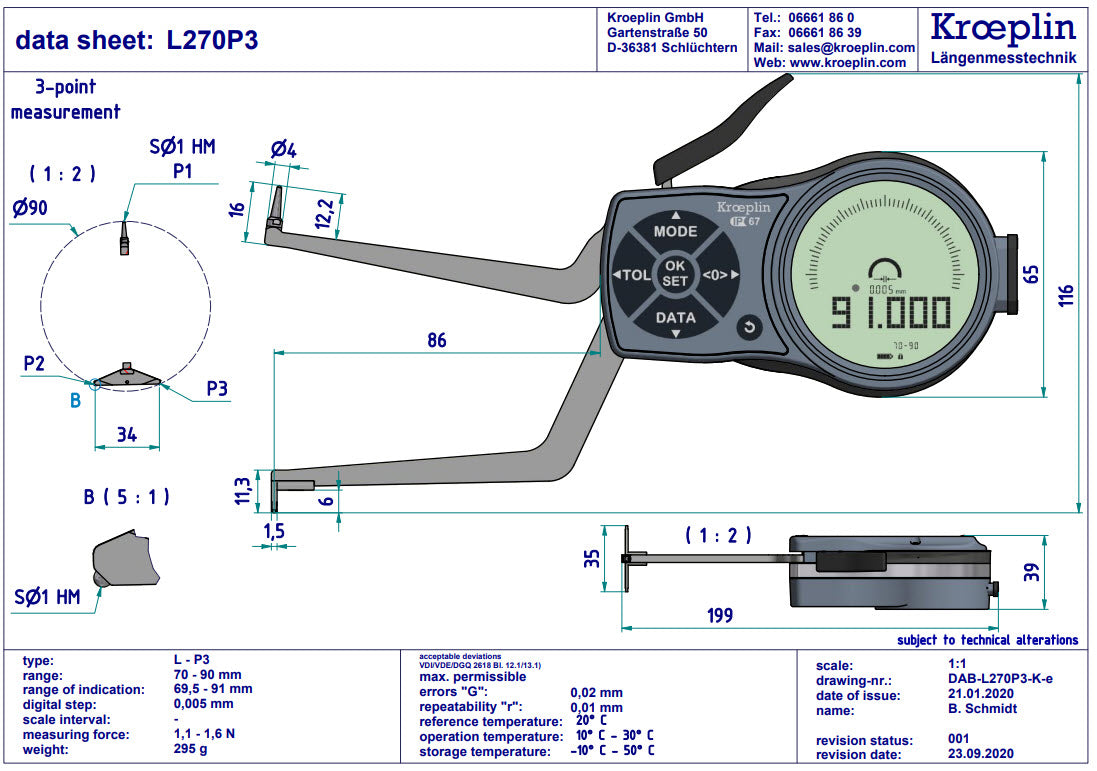 Kroeplin Digital Internal 3-Point Caliper Gauge 70-90mm/2.76-3.54", 0.001mm/.00005", L270P3