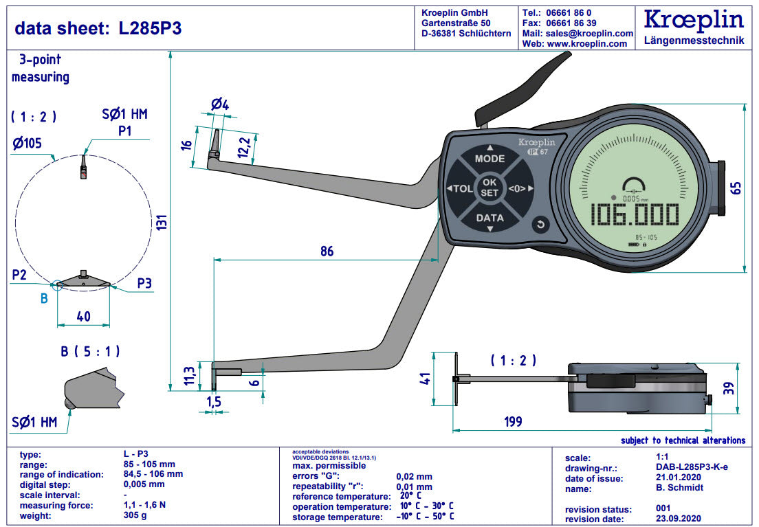 Kroeplin Digital Internal 3-Point Caliper Gauge 85-105mm/3.35-4.13", 0.001mm/.00005", L285P3