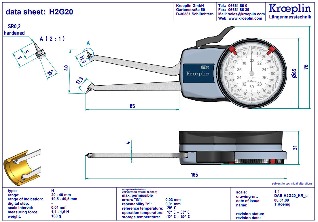 Kroeplin H2G20 mechanical internal measuring gauge  Measuring range 20 – 40 mm Grad 0,01 mm Measuring depth L max.: 85 mm