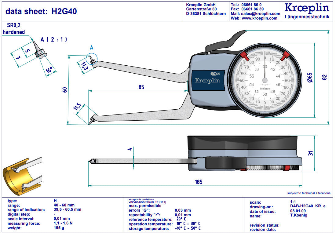 Kroeplin H2G40 mechanical internal measuring gauge  Measuring range 40-60 mm Grad 0,01 mm Measuring depth L max.: 85 mm