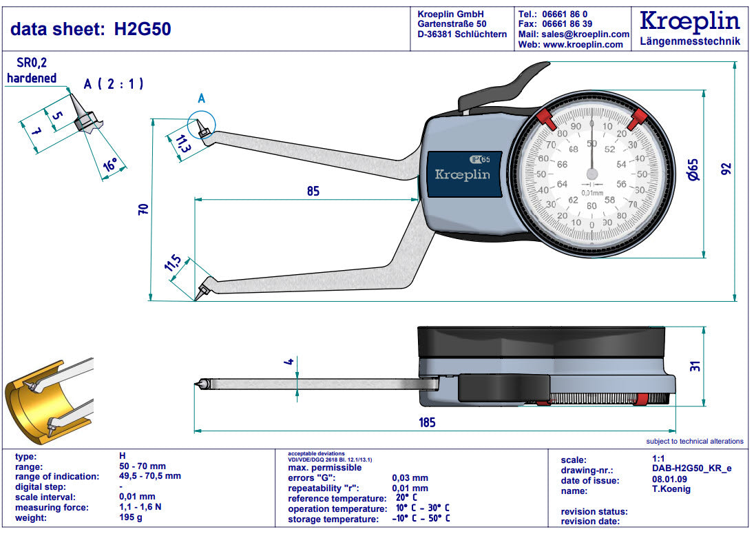 Kroeplin H2G50 mechanical internal measuring gauge  Measuring range 50-70 mm Grad 0,01 mm Measuring depth L max.: 85 mm