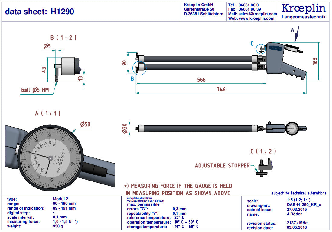 Kroeplin Metric Internal Caliper Gauge 150-200mm, 0.05mm H4150