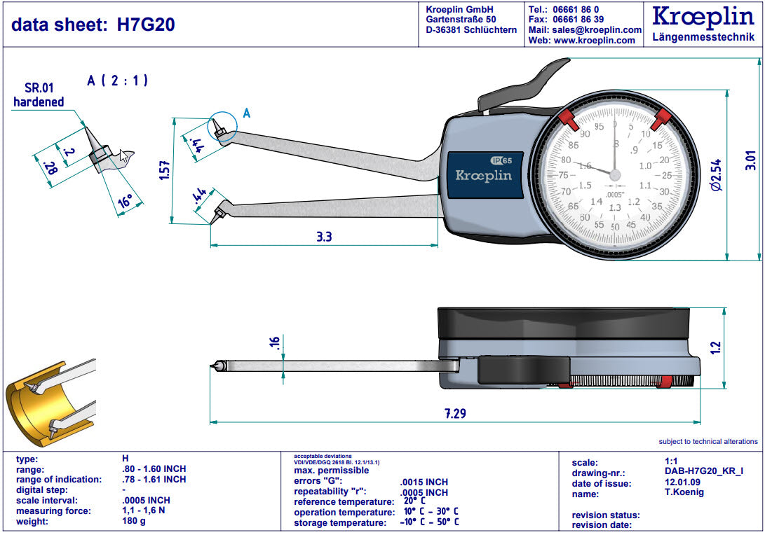 Kroeplin H7G20 mechanical internal measuring gauge  Measuring range 0.8-1.6" Grad .0005" Measuring depth L max.: 3.3"