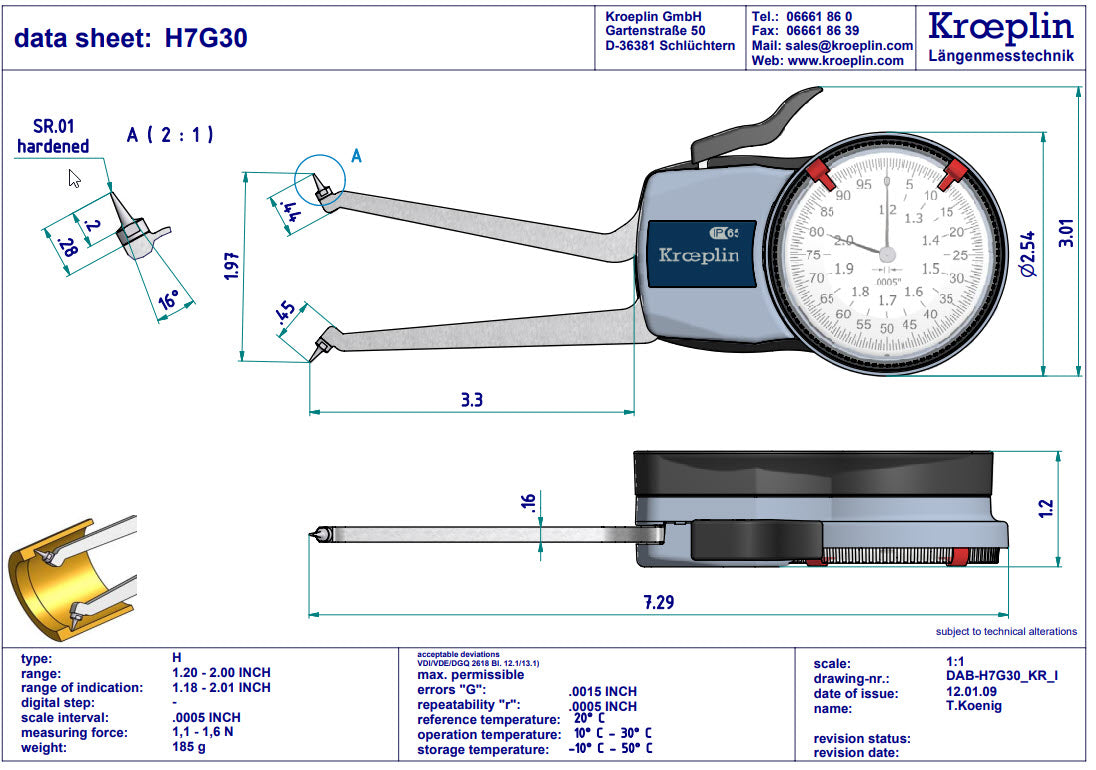 Kroeplin H7G30 mechanical internal measuring gauge  Measuring range 1.2-2" Grad .0005" Measuring depth L max.: 3.3"