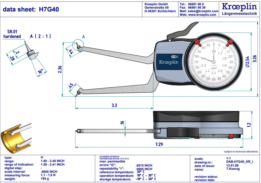 Kroeplin H7G40 mechanical internal measuring gauge  Measuring range 1.6-2.4" Grad .0005" Measuring depth L max.: 3.3"