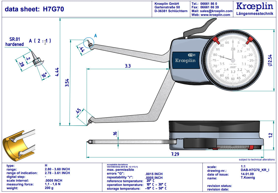 Mitutoyo Internal Dial Caliper Gauge  D7R20S, 0-.8"