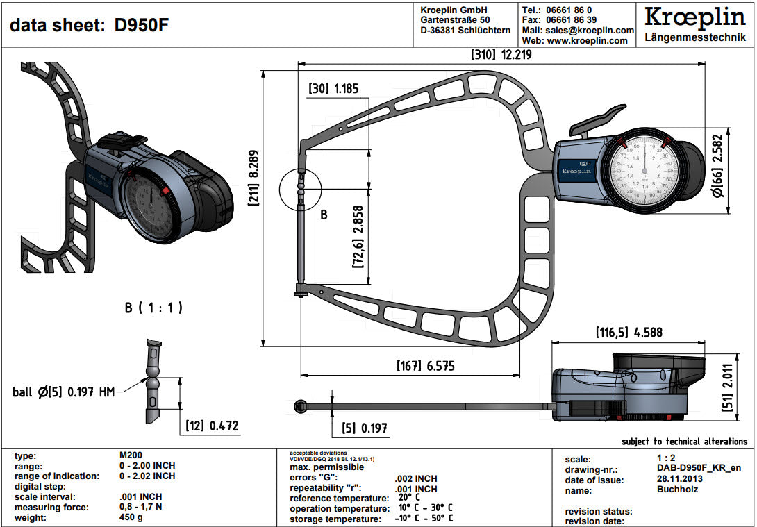 Kroeplin External Dial Caliper Gauge D950F 0-2" grad .001" Ball.197"
