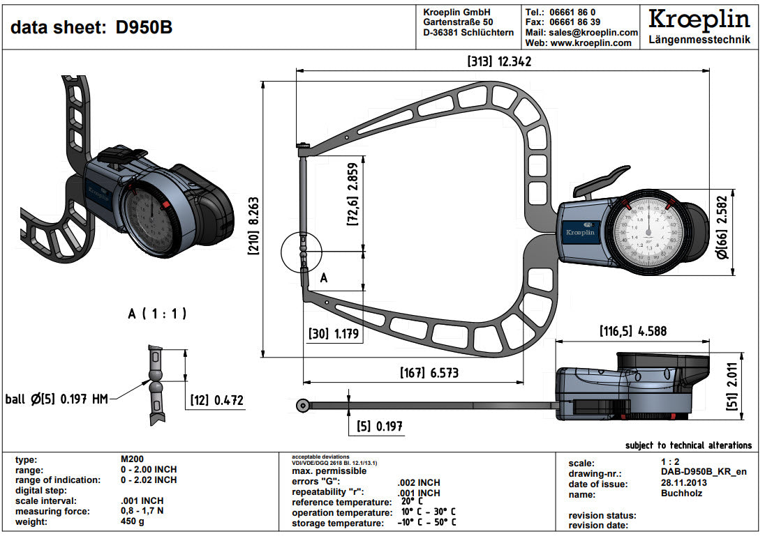 Kroeplin External Dial Caliper Gauge D950B 0-2" grad .001" Ball .197"