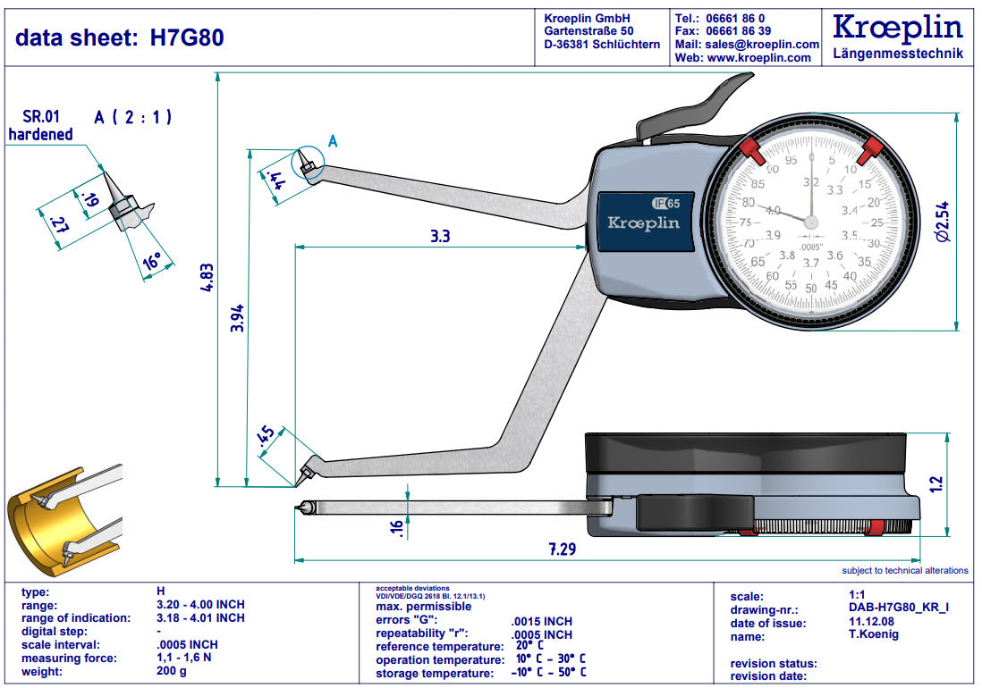 Kroeplin H7G80 mechanical internal measuring gauge  Measuring range 3.2-4" Grad .0005" Measuring depth L max.: 3.3"