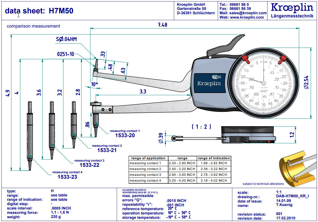 Kroeplin Metric Internal Caliper Gauge 2-4", 0.0005" H7M50