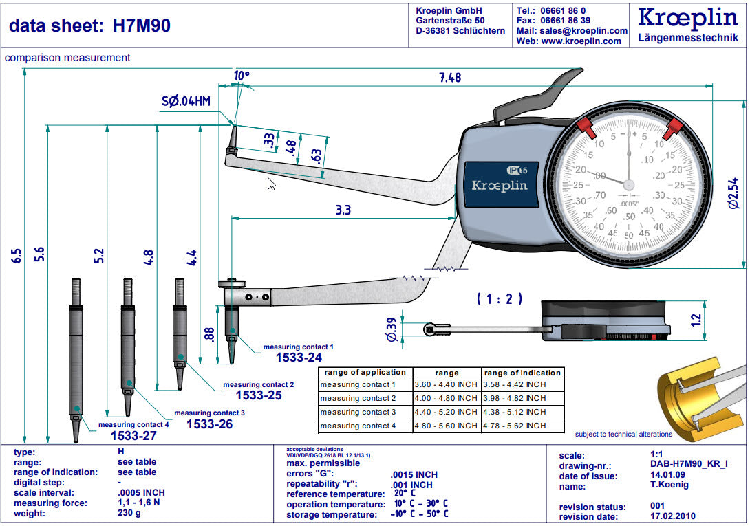 Kroplin Metric Internal Caliper Gauge 3.6-5.6", .0005", H7M90