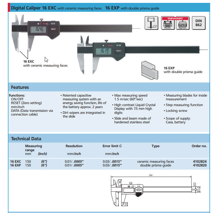 MAHR FEDERAL 4102824 Electronic Digital Caliper, 0 - 6" (0 - 150mm) Range, .0005" (.01mm) Resolution Ceramic Faces