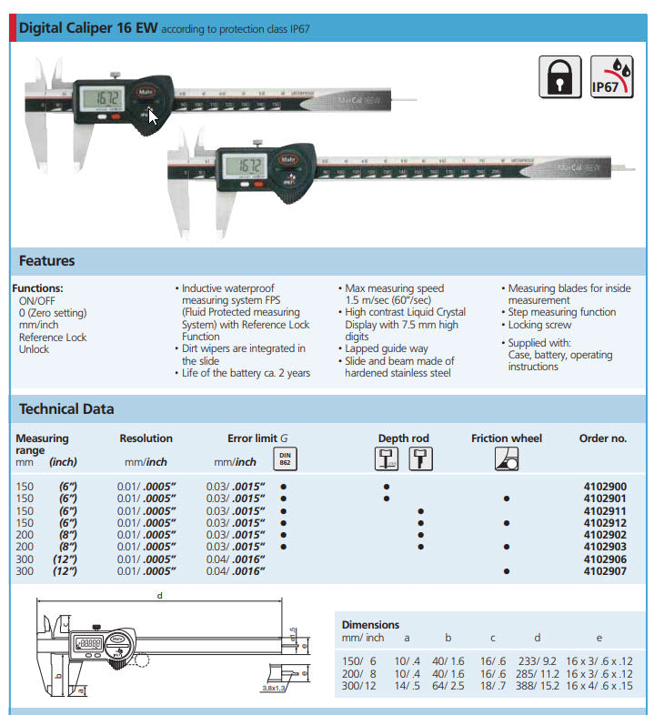 Mahr Digital Caliper 4102912 IP67 16EW , 6"/150mm, Resolution .0005"/.01mm, No Output