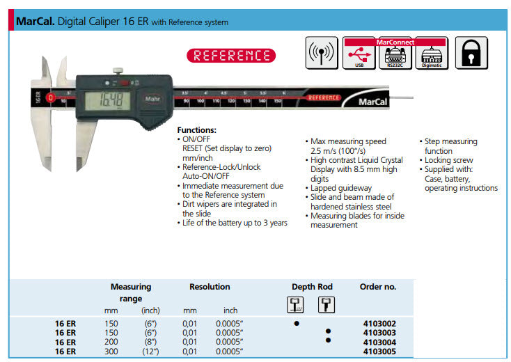 Mahr-Federal Inc. Electronic Digital Calipers 16ER, 0-6 In/0-150mm - 4103002, No Output, Round depth rod