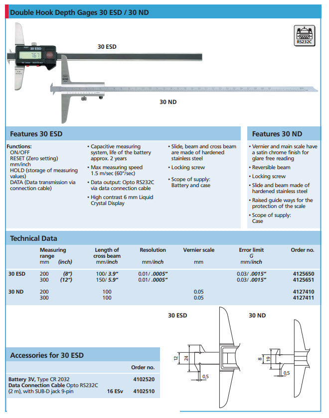 Mahr 4125650 Digital Calipers Depth Gauges IP67 30ESD Model: 30ESD Range: 0-100mm/0-4" Resolution: .01mm/.0005"