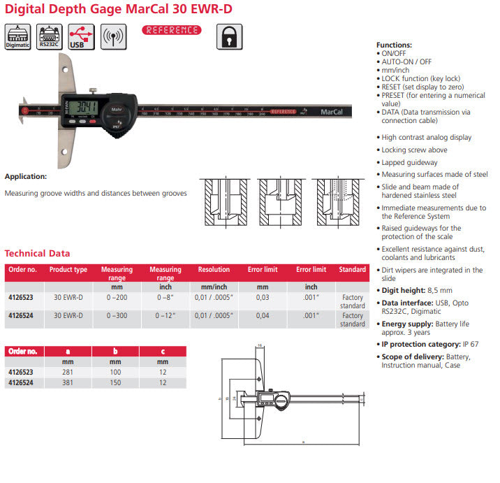 Mahr 4126524 30 EWR-D Digital Depth Gauge 300mm/12", Data output