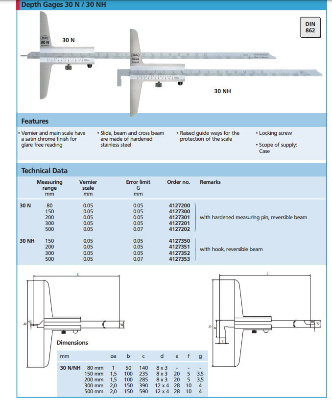 Mahr 4127352 Depth Gauges Mahr Vernier Depth Gauge Graduation: .05mm Model: 30NH Range: 300mm Base Length: 150mm Hook Type