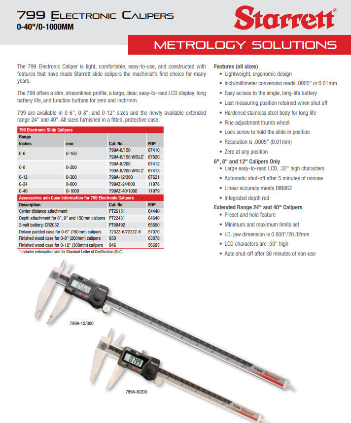 Starrett 799AZ-40/1000 Electronic Caliper 40"/1000mm Resolution .01mm/.0005" No Output, Heavy Duty Style