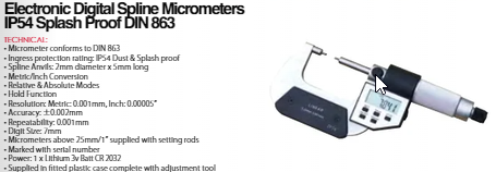 Insize Spline Micrometers digital 0-1"/0-25mm Resolution .00005"/.001mm 3133-25