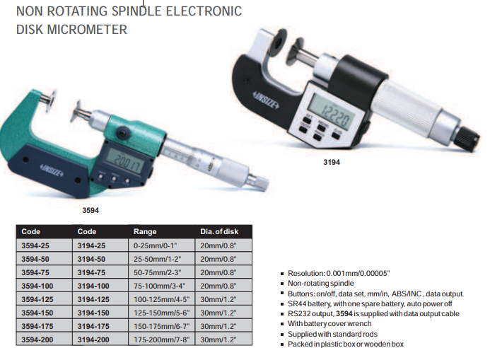 Insize Disc micrometers Non Rotating Range 0-1"/0-25mm Resolution .00005"/.001mm 3194-25