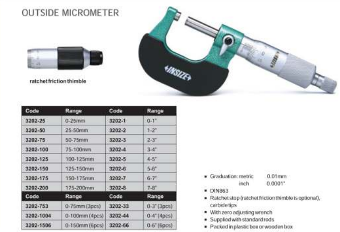 Insize Set of Insize mechanical micrometers with heat shield Range : 0-6" Graduation : .0001" Number of Micrometers : 6, Ratchet, Heatshieldm 3202-66