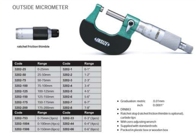 Insize Set of Insize mechanical micrometers with heat shield Range : 0
