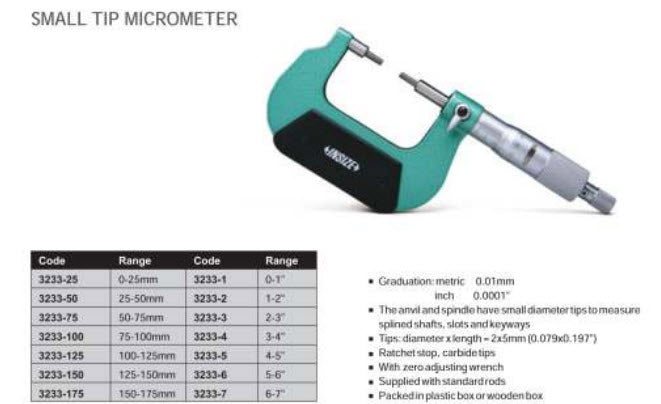 Insize Spline Micrometers 3233-50, 25-50mm x .01mm