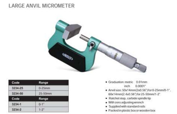 Insize Large anvil Micrometer 3234-25 Range 0-25mm x .01mm 3234-25