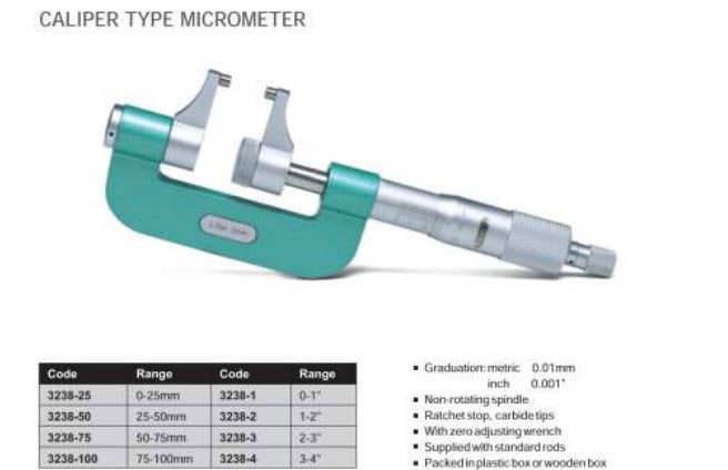 Insize Caliper Type Micrometer Range 0-25mm x .01mm Item number 3238-25