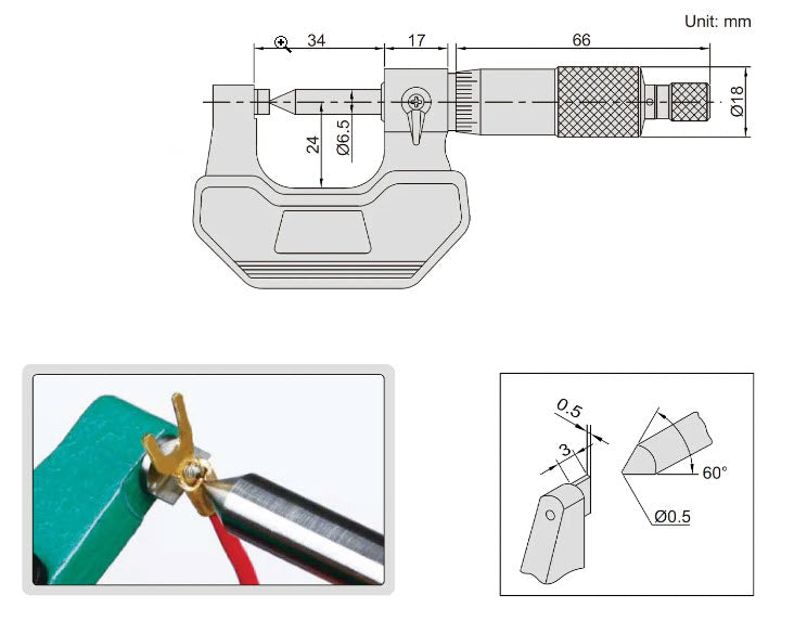 Insize single Point micrometer 0-25mm x .01mm 60 deg spindle 3266-25, Crimp Micrometer