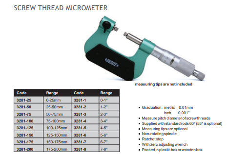 Insize Screw Thread Micrometer 0-1" x .0001" Item number 3281-1