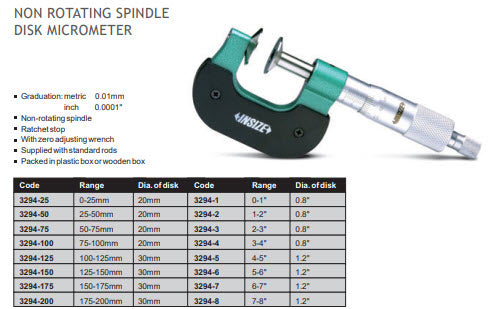 Insize Disc Micrometers 0-25mm x .01mm Non Rotating Spindle 3294-25