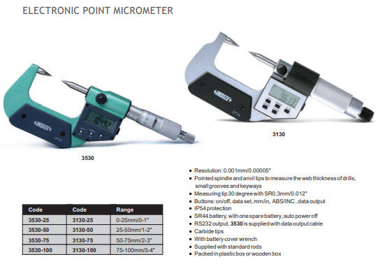 Insize Digital Point Mictometer (30°), 0-25mm/0-1" 3530-25A