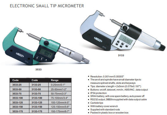 Insize Digital Spline Micrometer (5xΦ2mm), 0-25mm/0-1" Resolution .001mm/.00005" 3533-25