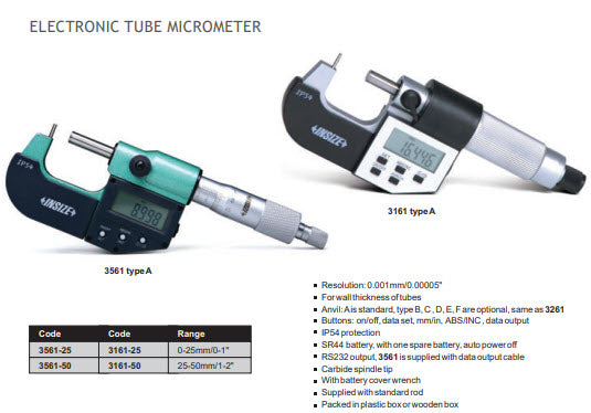 Insize 0-25mm/0-1" Digital Cylindrical Anvil Tube Micrometers 3561-25