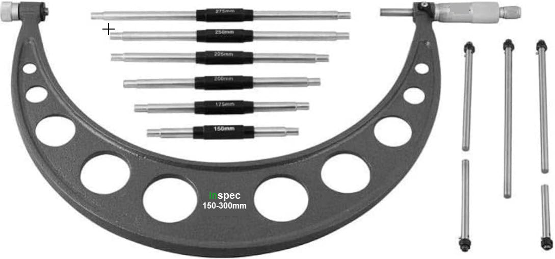 Inspec 106-62-400 Interchangeable Anvil Micrometer 150-300mm Carbide Measuring faces Painted on fine cast frame Graduation .01mm ( Mitutoyo Equivalent 340-352-30)