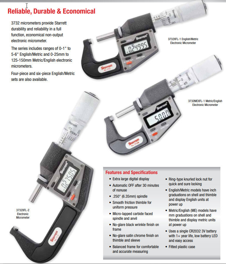 Mitutoyo Digital Micrometer Starrett 3732MEXFL-50 Micrometer; 25-50mm Range-Friction Thimble