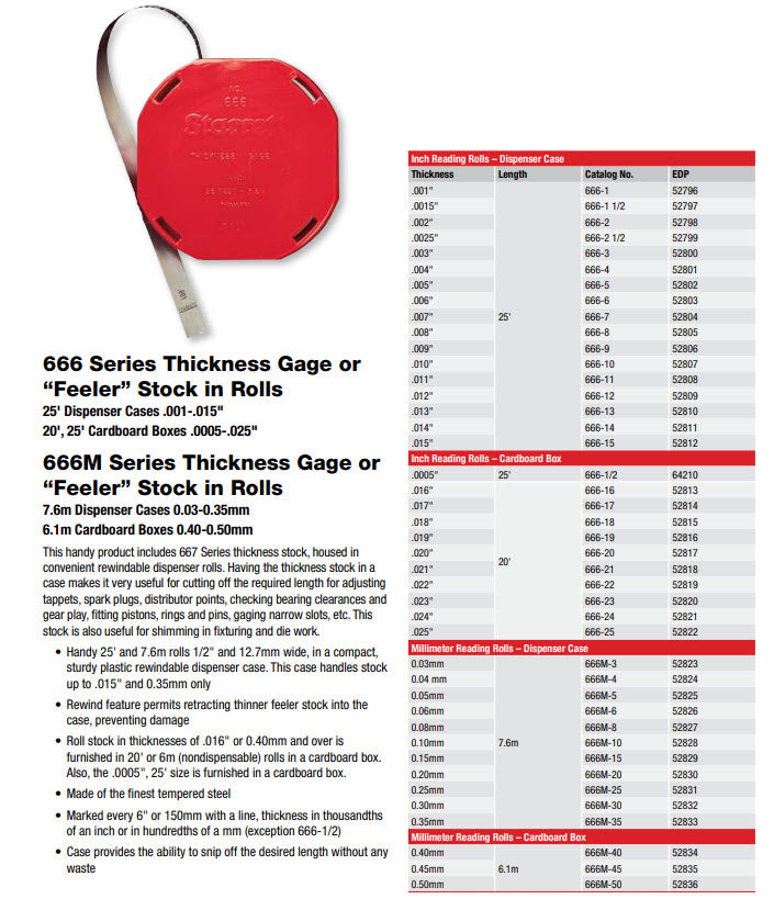 Starrett 666M-5 Thickness Gauge Feeler Stock in Rolls .05mm x 7.6meters, Dispenser case