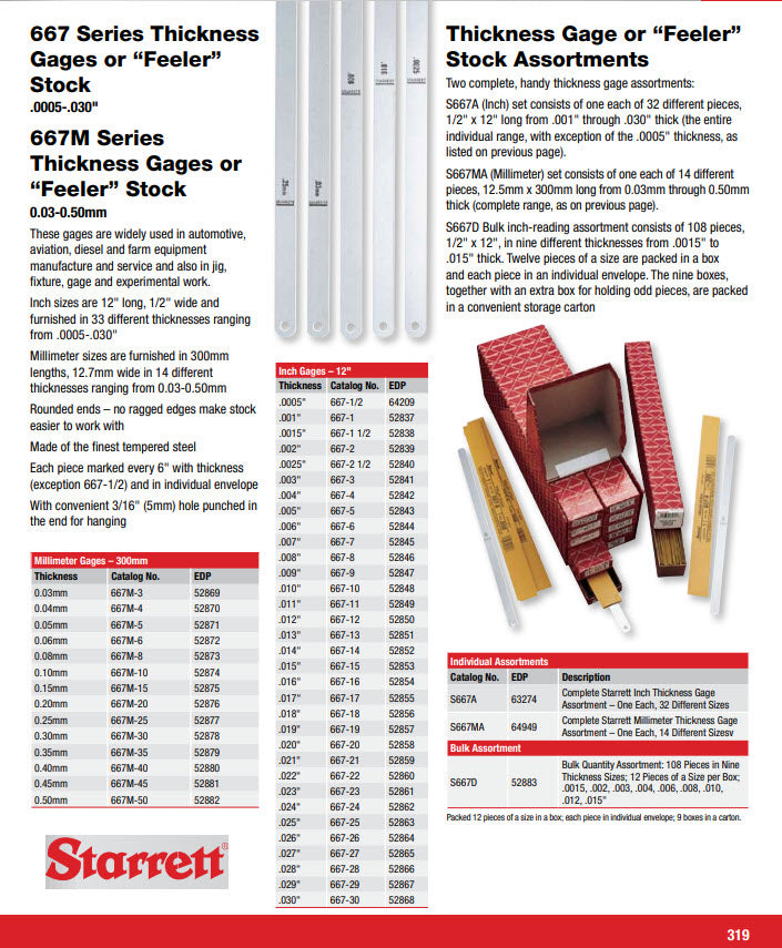 Starrett 667-01 Thickness Gauge Feeler Strip .001"  Feeler Strip  12" Long