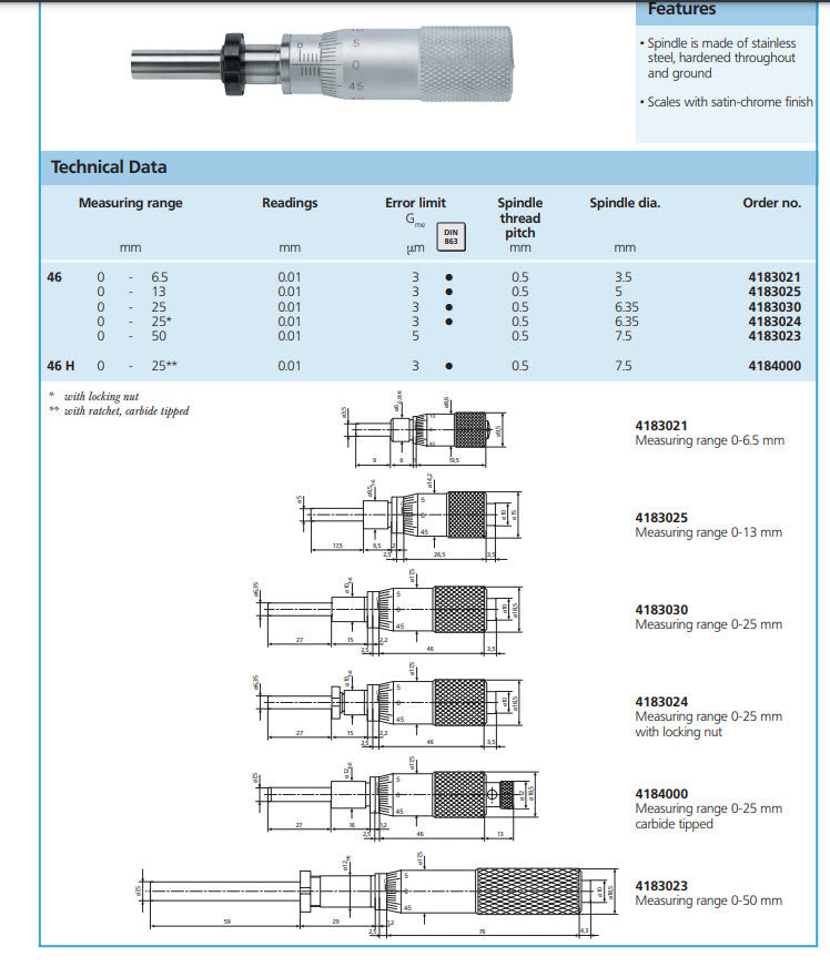 Mahr 4183025 Micrometer Head Range 0-13mm graduation .01mm