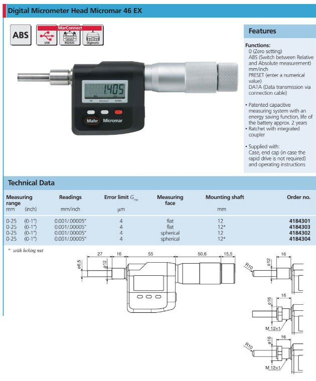 Mahr 4184200 16EX Digital Micrometer Head Range 0-25mm/0-1'' graduation .001mm/.00005''