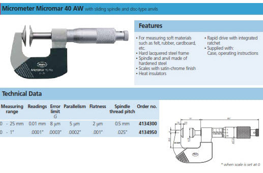 Mahr 40AW Mechanical Micrometers  Micromar Non Rotating Disc Micrometer, Range 0-25mm x .01mm 4134300