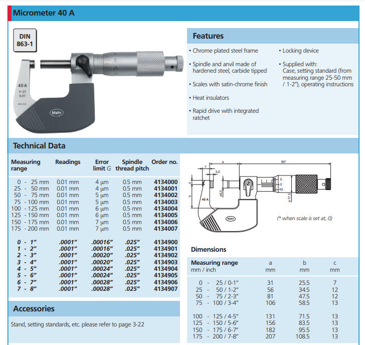 Micrometers Mahr Federal 4134905 40A Micrometer, 5-6"