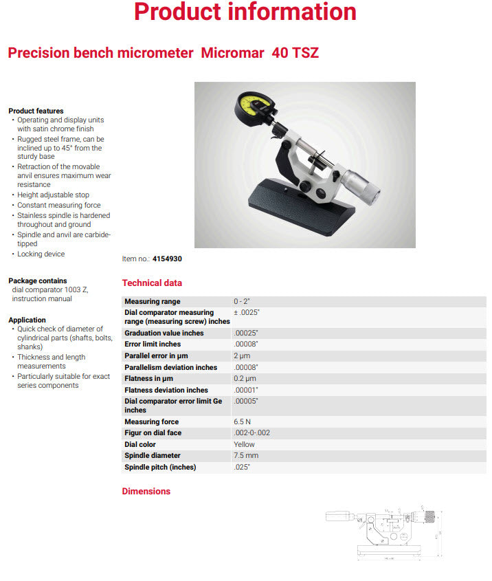 Mahr Micromar Precision Bench Micrometer 40 TS Range 0-2'' Without Comparator 4154931